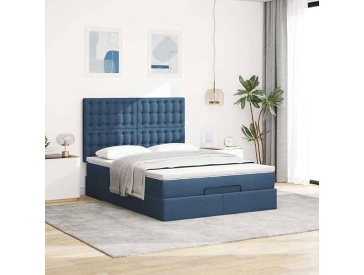 KTHLBRH Boxspringbett mit Matratze, Blau, 140 x 190 cm Basis mit hydraulischer Anhebung, Taschenfedern, inklusive Matratzenschoner, 4 Kopfteile
