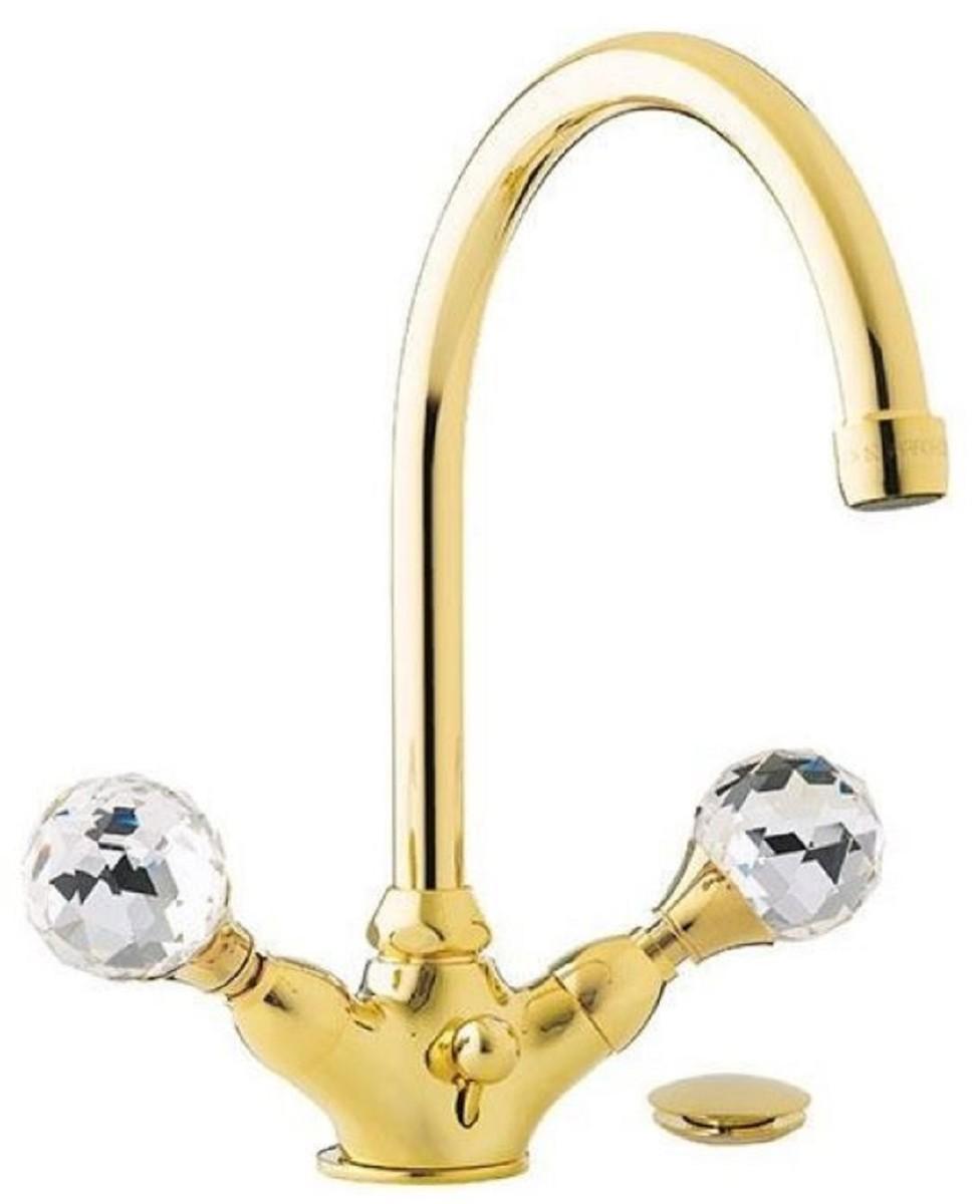 Casa Padrino Luxus Waschtisch Armatur mit Swarovski Kristallglas Gold H. 30 cm - Einlochbatterie mit Ablaufgarnitur - Luxus Bad Zubehör - Italy