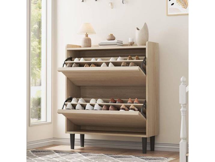 Meuble à Chaussures avec 2 Tiroirs Rabattables Meuble De Rangement à Chaussures 18 Paires Étagère Réglable en Chêne Naturel