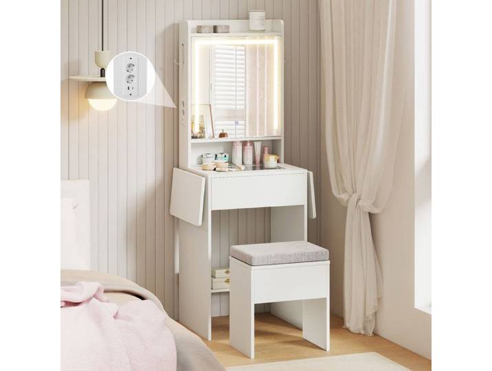 Ensemble Coiffeuse et Tabouret COSTWAY Miroir Lumières Réglable Plateau en Verre Station de Charge Panneaux Rabattables Tiroir