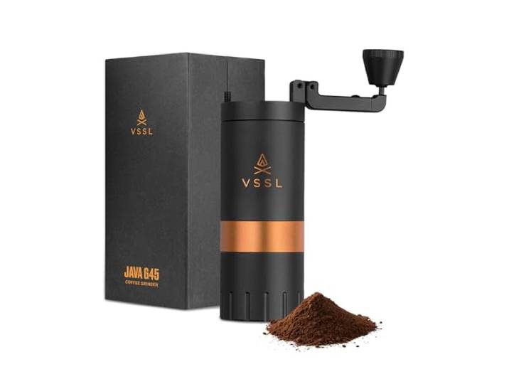VSSL Java G45: Manuelle Premium-Kaffeemühle, tragbare Kaffeemühle für Camping oder Wandern, gerader Griff, französische Presse, Tropfen, Espresso, mit konischer Fräsmühle aus Edelstahl, 45 g Kapazität