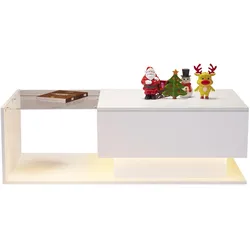 OKWISH Weißer Hochglanz-Couchtisch 32x100x50cm Glasplatte LED-App gesteuert Schublade Modern Wohnzimmertisch Spanplatte
