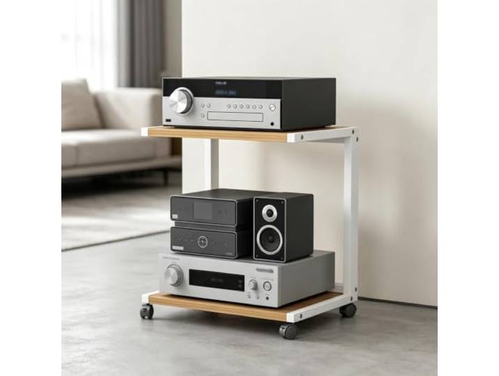 YHTCSXMD HiFi Rack mit Rollen, Offenes Audio Rack für Audiogeräte Dicke Holzablagen, Stahlrahmen und Rollen mit Fußbremse, für Wohnzimmer und Büro
