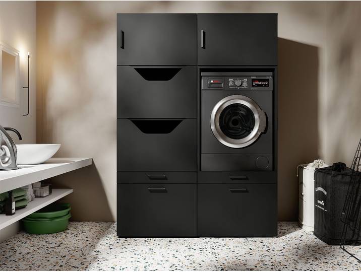 Meuble WASHING 1 machine avec armoire linge noir avec 2 surmeubles