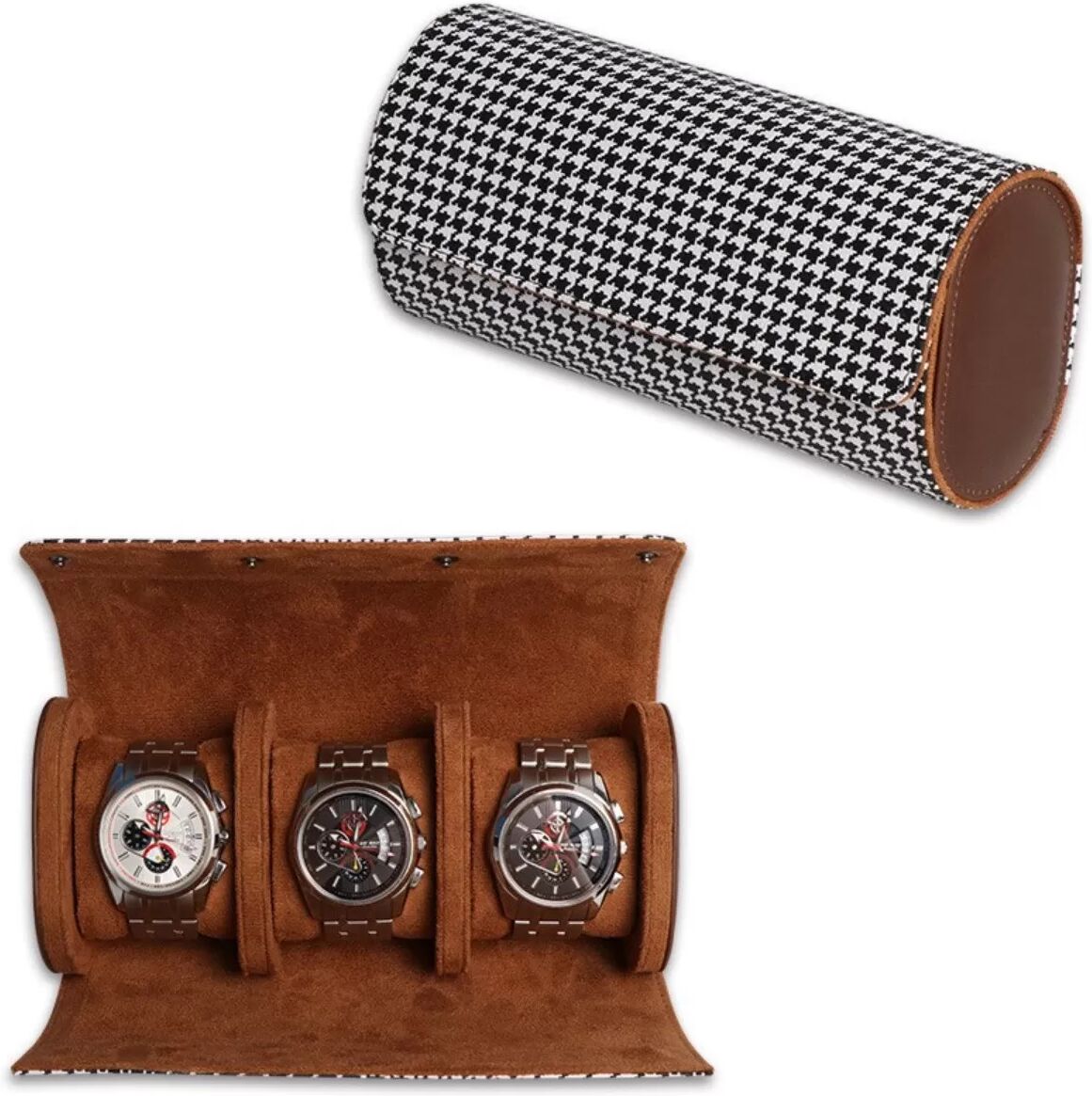 INF Étui de Voyage pour 3 Montres en Cuir PU Pied-de-Poule - Boîte de Rangement Portable