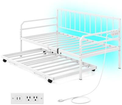 Costway Adjustable Metal Twin Size Daybed with Charging Station and LED Light-White