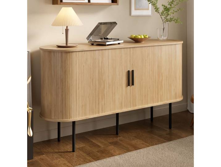 Buffet bahut - Becag - Buffet de salon moderne avec portes à volets roulants - Meuble de rangement - 140x40x78cm - Naturel