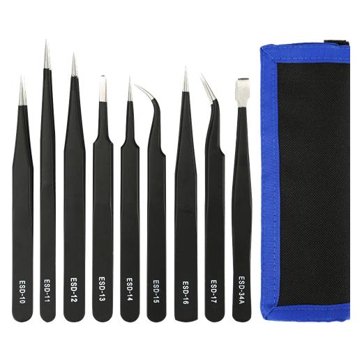 Deltacoimp Deltaco Tweezer Kit for Electronics/ESD, 9 Parts - Black (VK-62)
