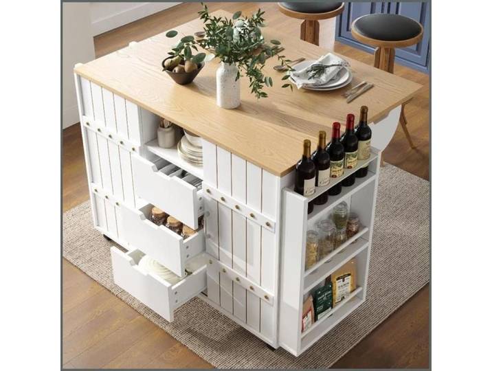 Île de Cuisine Servierwagen - Plateau Réglable Rangements Abondants et Portes Coulissantes - Blanc
