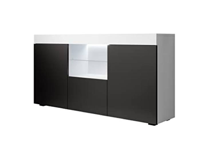 MB Muebles Bonitos Sideboard Wohzimmer Esszimmer Schrank Möbel Breite 135 x Höhe 73 x Tiefe 34 cm Mattes Melamin 3 Türen LED-Beleuchtung Weiß und Schwarz Modell Sefora