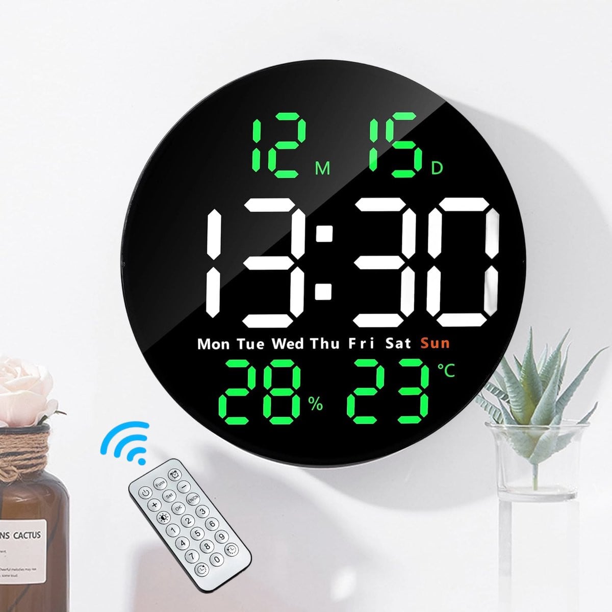 Ronde LED Digitale Wandklok met Temperatuur- en Vochtigheidsweergave en 10 Dimniveaus