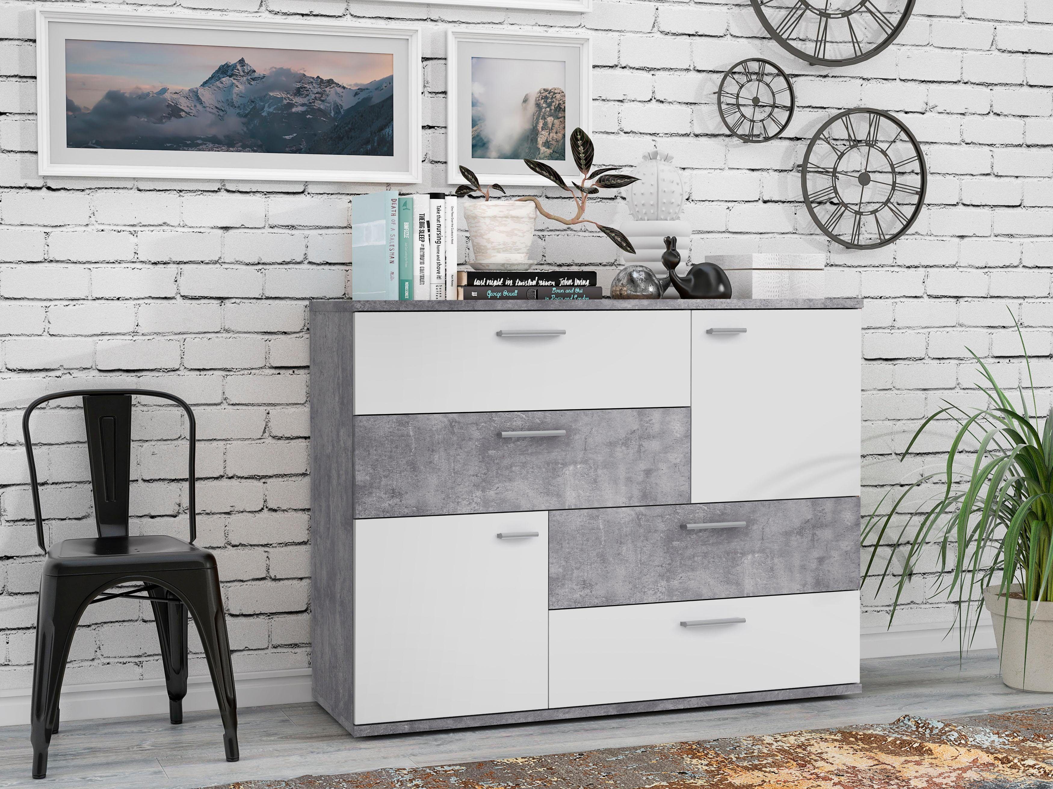 Kommode FORTE "Skive", weiß (weiß kombiniert mit betonoptik), B:125cm H:95,9cm T:41,3cm, Sideboards, Kommode, Breite ca. 125 cm