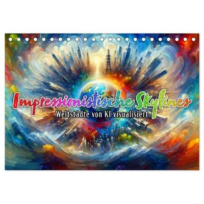 Impressionistische Skylines - Weltstädte von KI visualisiert (Tischkalender 2027 DIN A5 quer), CALVENDO Monatskalender