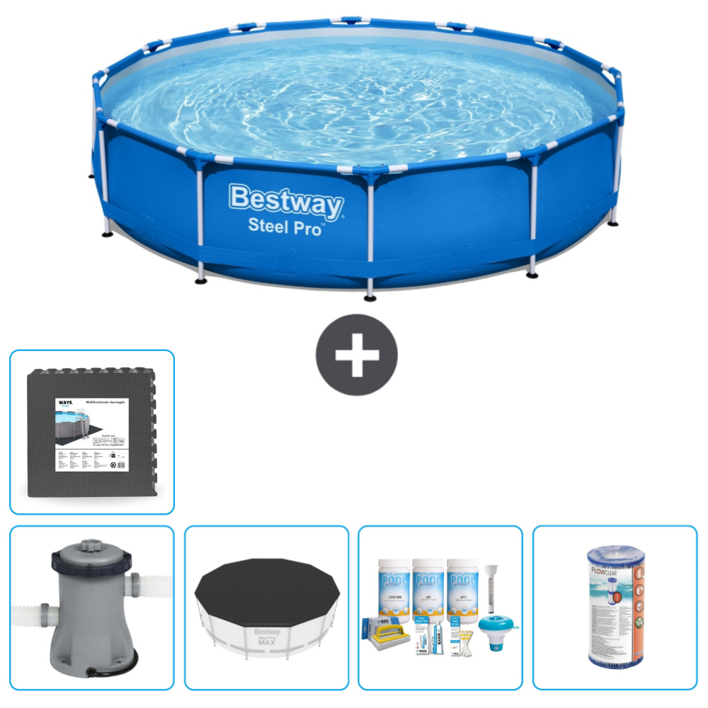 Bestway Round Steel Pro Swimmingpool - 366 x 76 cm - Blau - inklusive Pumpe Abdeckung - Wartungspaket - Filter - Bodenfliesen