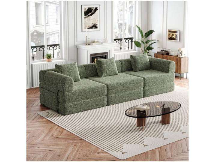 MEULVA Canapé convertible 3 places en chenille verte modulable rangement accoudoir 274 cm