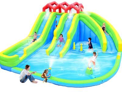 Kodotan sofa 7 in 1 Inflatable Water Park Three Slide with Blower Water Gun Sprinkler Fountain Climbing Wall for Children