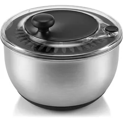 Arendo Salatschleuder 5 l Edelstahl mit Gemüsehobel, 5 Klingeneinsätze, Handkurbel, Stopp-Taste, Salatschleuder, Silber