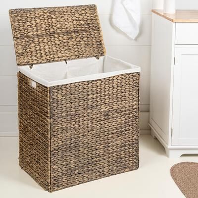 happimess Handwoven 2-Section Collapsible Laundry Hamper, Washable Liner