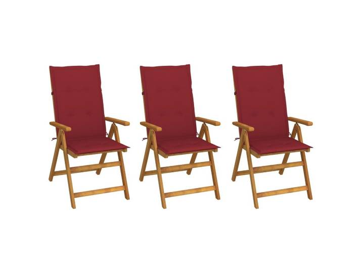 furnicato Gartenstuhl Gartenstuhl-Set Echtholz mit Kissen 57x69x111 cm Weinrot (3 St), Klappbare Sitzgruppe, 5-fach verstellbar und witterungsbeständig