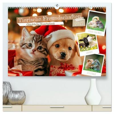 Tierische Freundschaften - Glückliche Kuschelzeit (hochwertiger Premium Wandkalender 2027 DIN A2 quer), Kunstdruck in Hochglanz