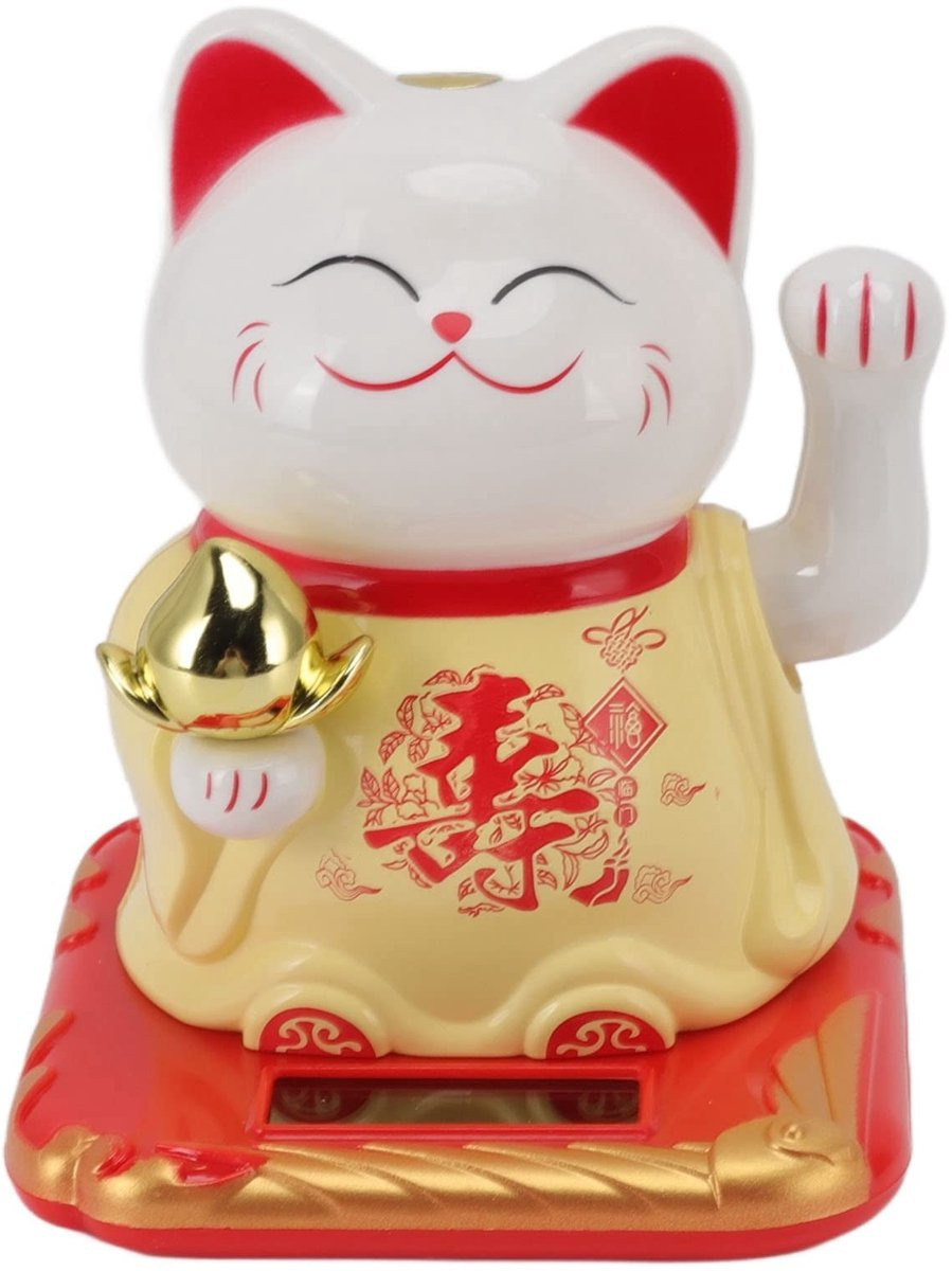 Dailygoods Dailygoody Wuivende Kat - Gelukkige Zwaaiende Kat op Zonne-energie - Feng Shui Decoratie voor Thuis en Auto - Geel
