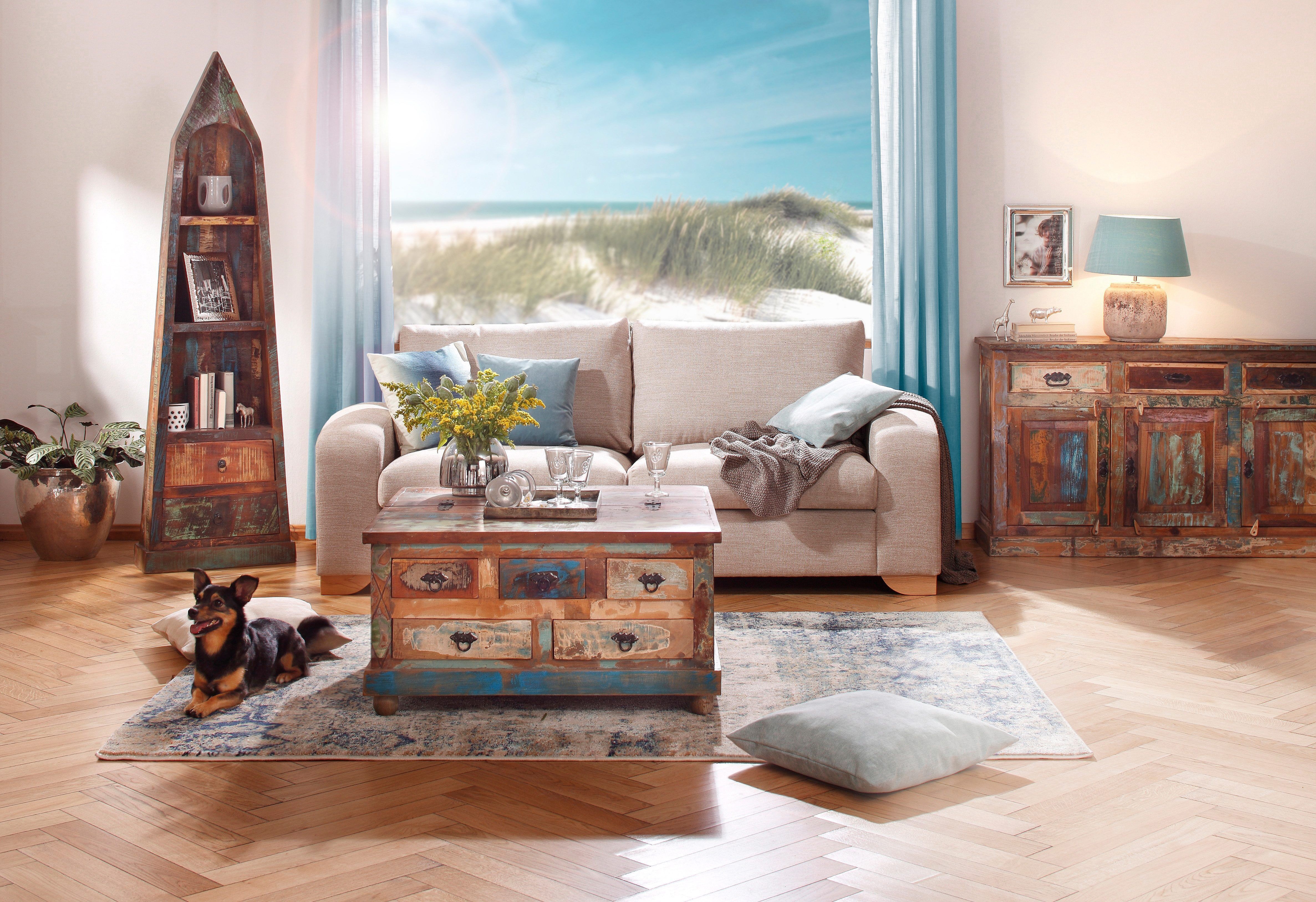 Couchtisch SIT "Larnaka aus Altholz mit 5 Schubladen & 1 Klappe", bunt, B:90cm H:47cm T:90cm, Tische, Couchtisch, Aus Holz alter Fischerboote gefertigt – individueller Vintage-Look bunt B/H/T: 90cm x 47cm x 90cm