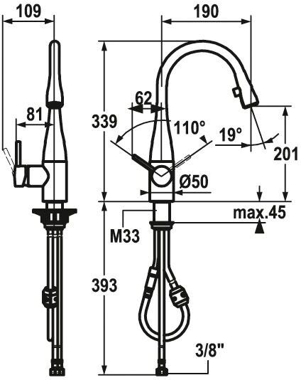KWC EVE Einhand-Spültischbatterie, Ausladung 19 cm, Küchenarmaturen, 10.111.102.700FL, edelstahl - H: 33,9 Ausladung: 19 cm - edelstahl