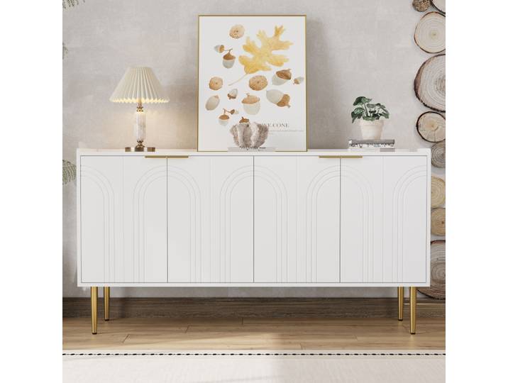 Buffet moderne 140X38X75(cm), pieds en fer doré, portes d'armoire sautées exquises, Buffet de rangement, pour le salon