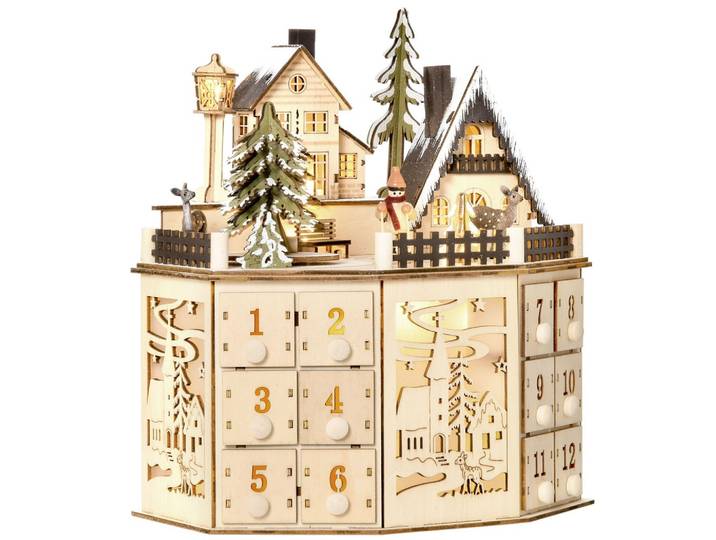 ADVENTSKALENDER Adventskalenderbox mit LED-Lichtern 24 Schubladen Natur