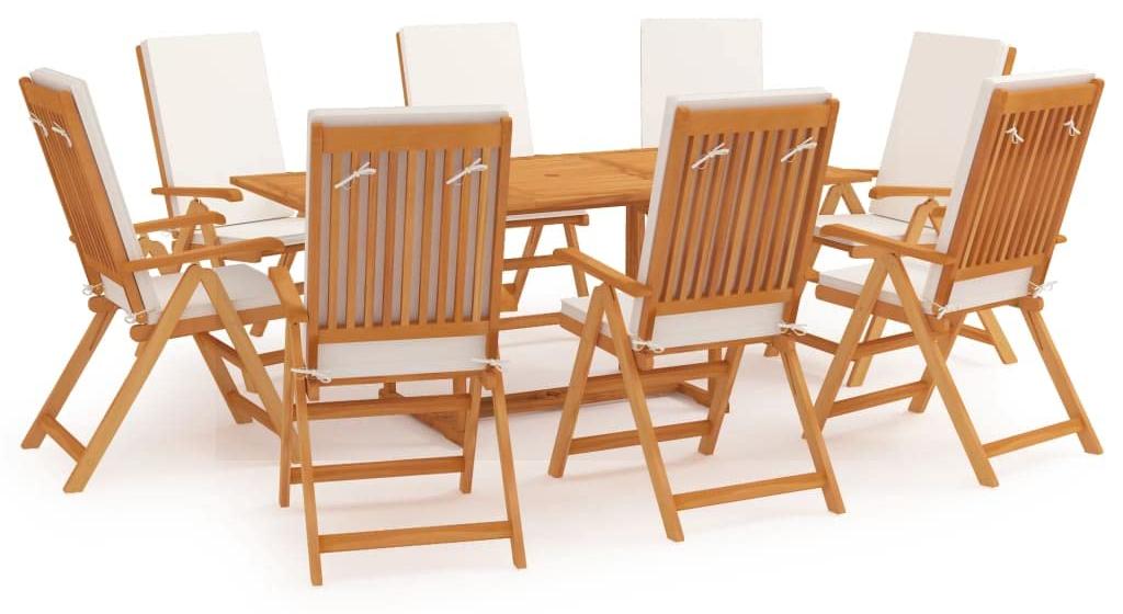 Garnitur für 9 Personen, massivem Teakholz, Farbe Creme - verstellbare Stühle inklusive Kissen