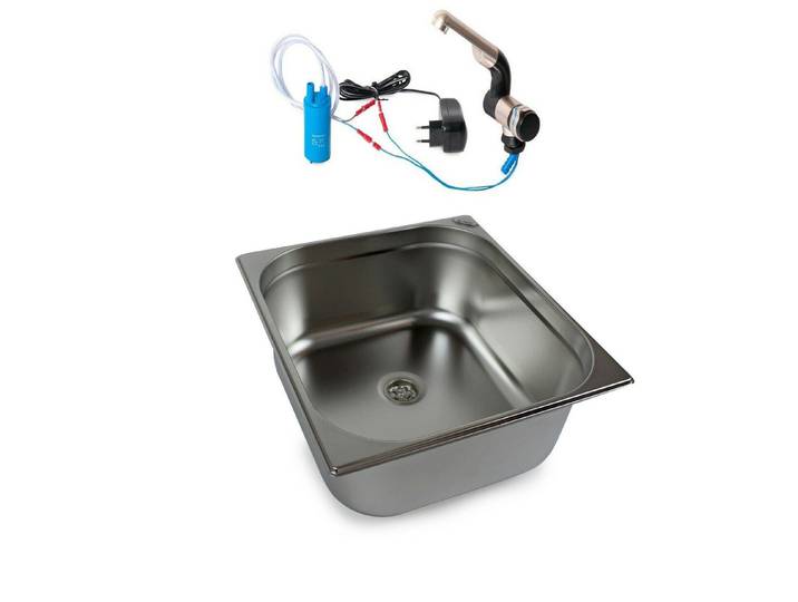 ad-ideen Waschbecken 230V Edelstahl Spülbecken 354x325x150mm+Wasserhahn+Pumpe Camping V2