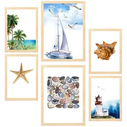 POSTER Set Mit 6 Dekoratives Blatt Mit Marineblauer A3 & A4 Rahmen Aus Hellem Holz