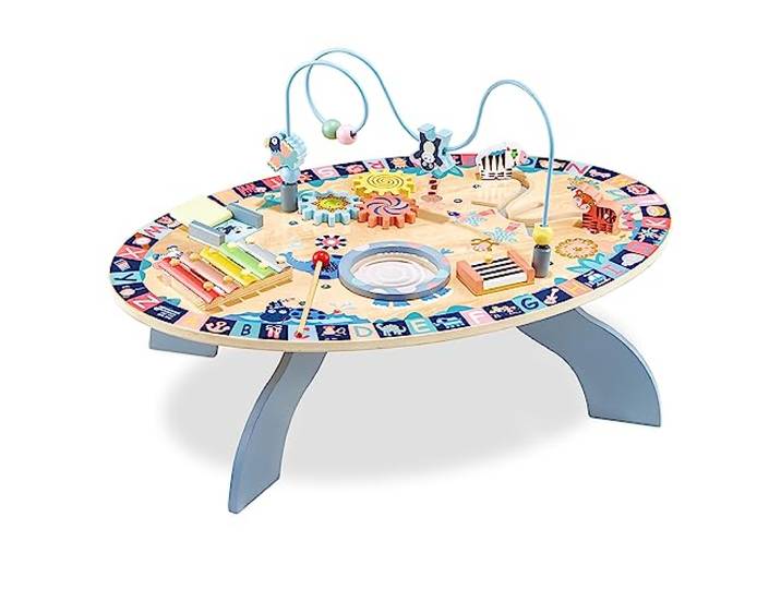 mamabrum Table d’activité en Bois 7-en-1 – éveil Musical (Tambour\, cymbales)\, motricité & Jeu sensoriel – Bois Massif\, sécurité dès 6 Mois – idéal Partage & Apprentissage