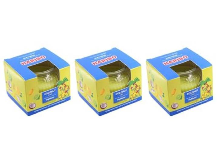 Bougie parfumée Haribo™ 85 g\, H x D : 6\,5 x 8 cm\, en verre\, cire de paraffine\, cadeau\, coffret\, jaune