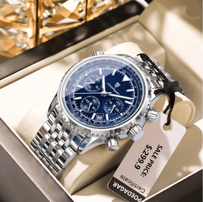 Inspire Essentials POEDAGAR Luxury Mens Chronograph Watch Stainless Steel Waterproof Design silver Blue