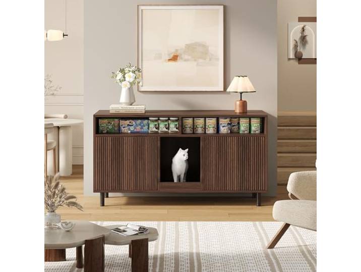 Mielvu Katzentoiletten-Schrank/Katzenstreuwanne-Schrank mit Sandauffangmatte, Haustier-Schrank mit Ablage, Haustier-Sideboard/TV-Schrank, ohne Katzenstreuwanne, 120x50x66cm, Nussbaumfarbe