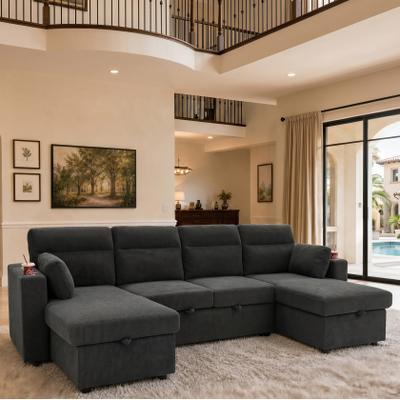 "GDFStudio - 106"" Wooden & Polyester U-Shaped Convertible Sofa Bed with Dual Storage Chaises & Cup Holders"
