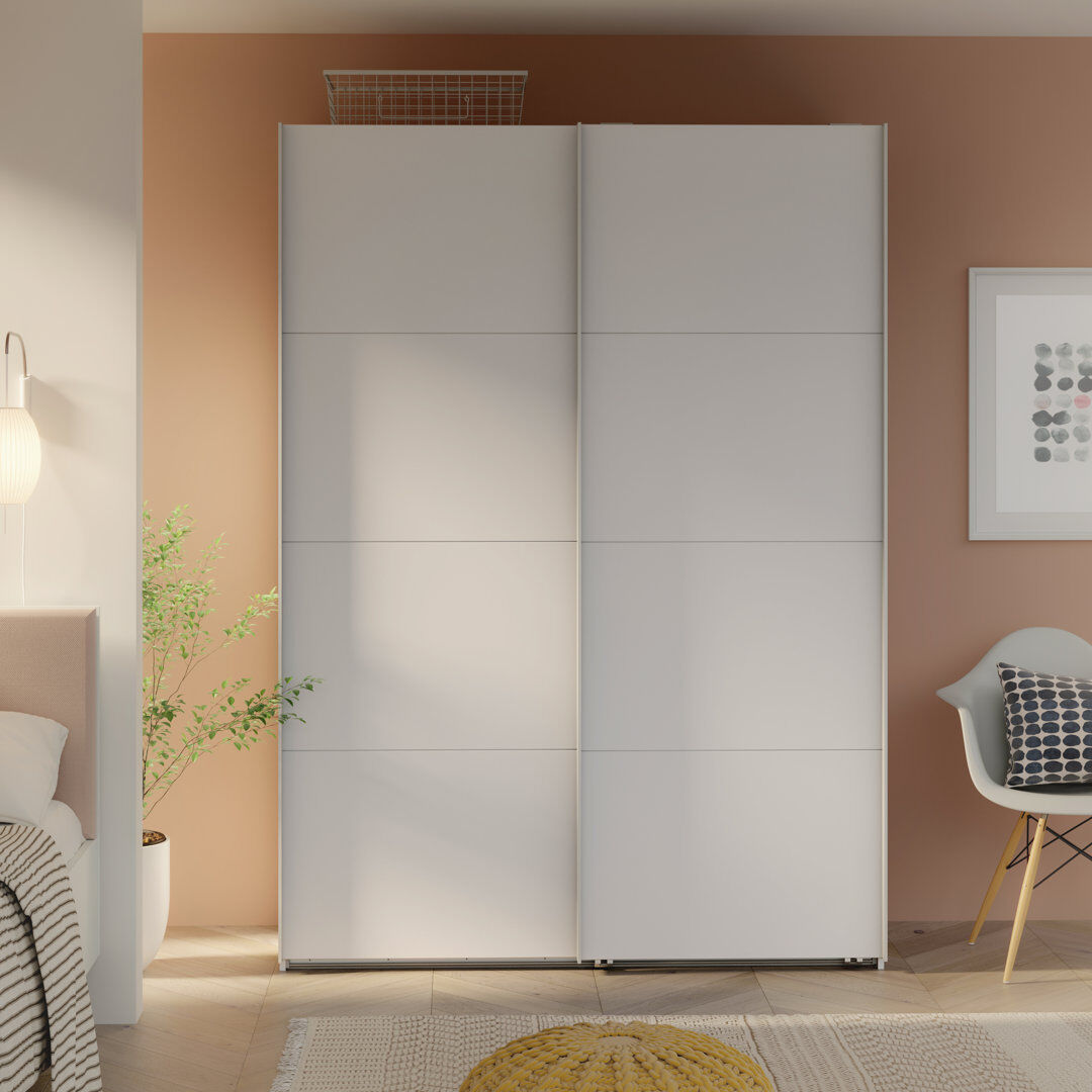 17 Stories Modern Wardrobe with 2 Sliding Doors, Engineered Wood, White Chrome 211cm H x 150cm W x 63cm D