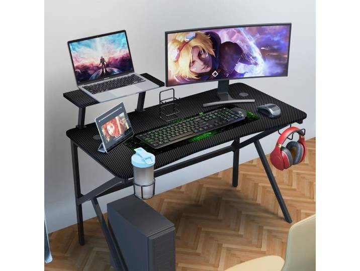 Bureau Gamer DHHOZAMZ avec Surface en Fibre de Carbone PVC étagère écran métal MDF 100x54.5x74cm Noir