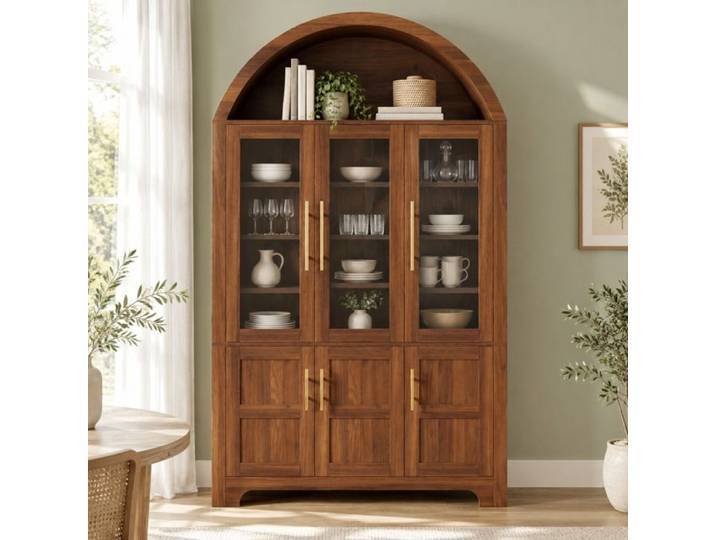 VUENOR Vitrine buffet haut noyer 110 x 40 x 185 cm – 3 portes vitrées et étagères réglables