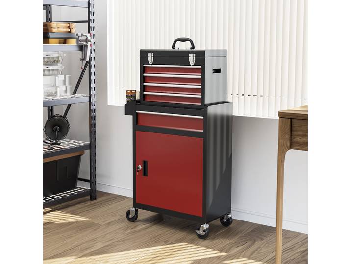 Chariot à outils Homcom avec roues, porte et tiroirs pour atelier garage rouge