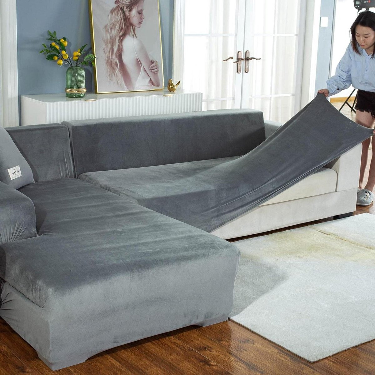 Set van 2 zachte velvet hoekbankhoezen voor je sofa in het grijs