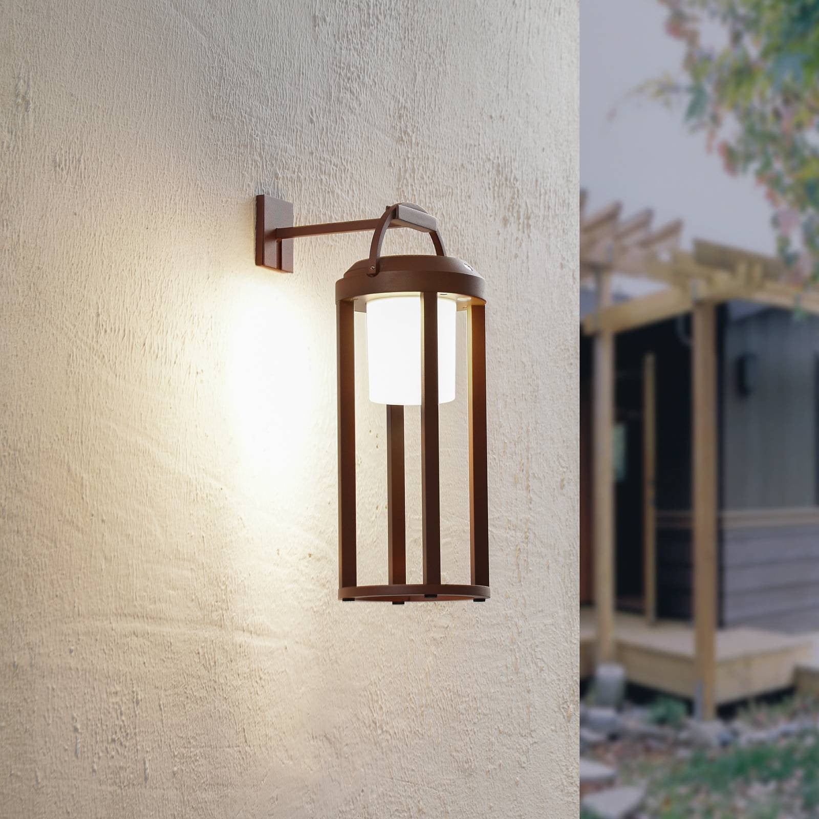 Lucande Tilena ronde LED-wandlamp op zonne-energie, dimbaar, brons/zwart, aluminium