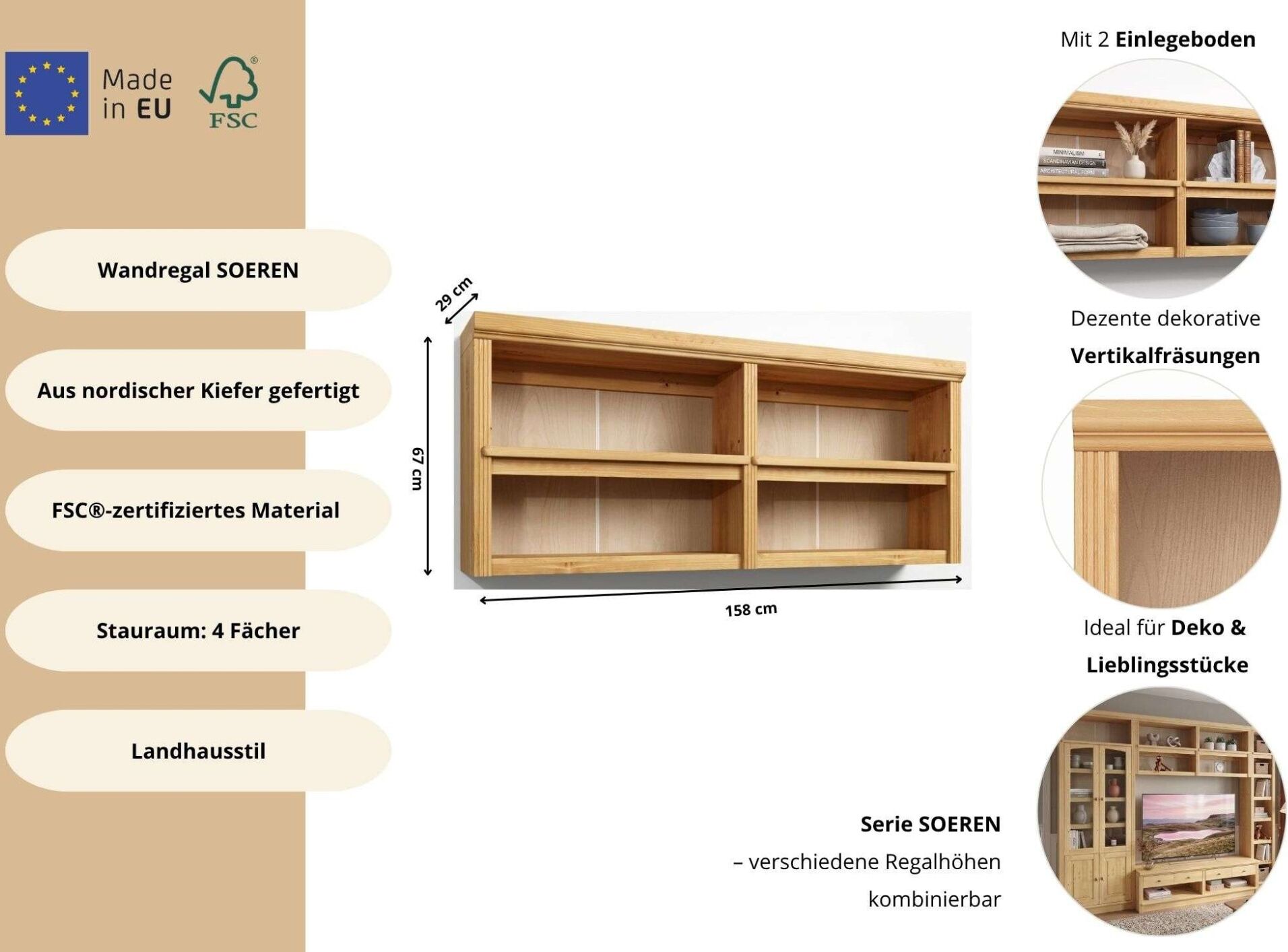 Wandregal GOODPRODUCT "Soeren", braun (natur), B:158cm H:67cm T:29cm, Massivholz, Regale, Wandregal, aus massiver Kiefer, 4 offene Fächer, FSC-zertifiziert natur B/H/T: 158cm x 67cm x 29cm