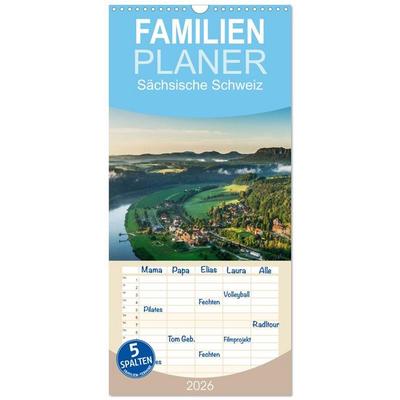 Familienplaner 2026 - Sächsische Schweiz / Geburtstagsplaner mit 5 Spalten (Wandkalender, 21 x 45 cm) CALVENDO
