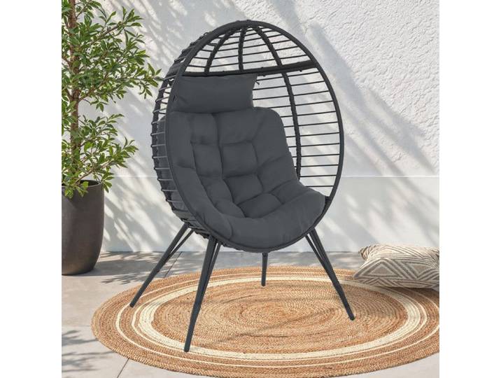 IDMARKET Fauteuil oeuf sur pied ajouré gris effet rotin avec coussin gris