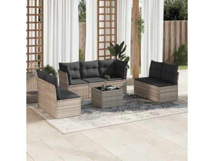 Résine tressée extérieur ensemble canapés coussins gris 8 pièces Salon de jardin 8 pcs résine tressée gris clair avec coussins lavables, canapé modulaire table verre trempé, ensemble