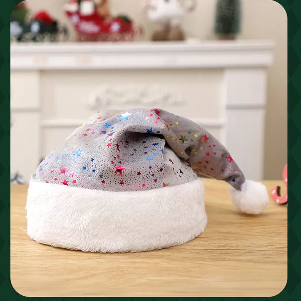 INF Chapeau de Noël Estampé à la Feuille - Décoration Festive de Fête avec Étoiles Colorées Gris