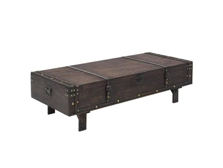 Roanoer Couchtisch Sperrholz Vintage Truhentisch Braun 120x55x35 cm Vielseitiger Truhentisch aus Sperrholz mit Kunstleder-Riemen und Innenfach für Wohnzimmer und Flur.