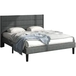 Merax Polsterbett Doppelbett 140x200 aus Leinen & Holz & Metall mit Lattenrost & Kopfteil für Schlafzimmer Grau